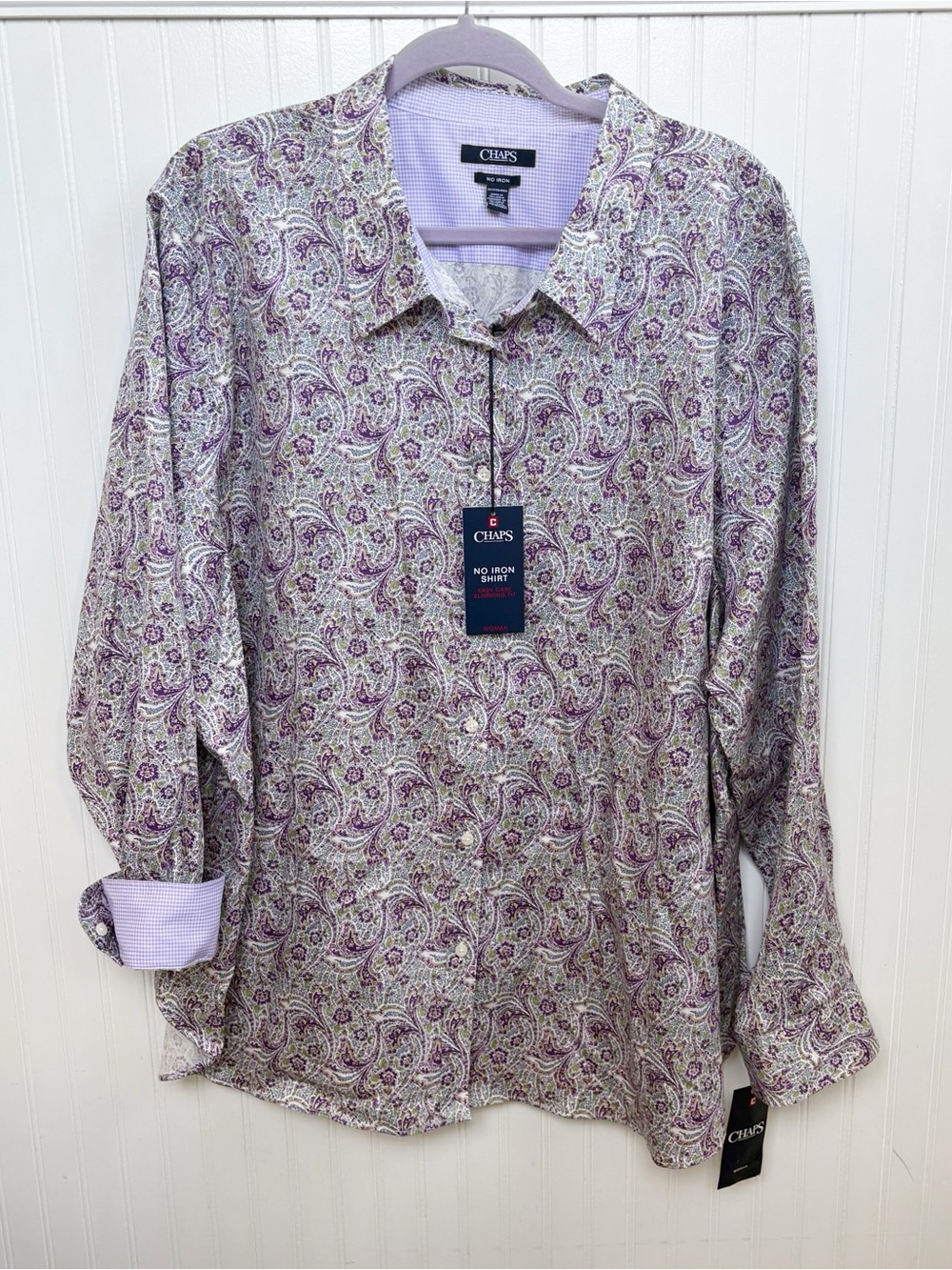 Chaps Women’s Plus Size 3X No Iron Purple Paisley Floral Button Down Shirt NEW